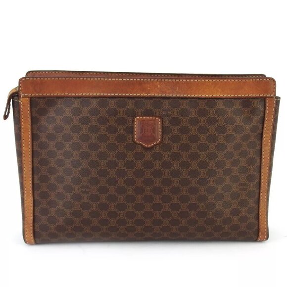 CELINE Clutch Bag Macadam Beige PVC ?~ Leather Authentic - Picture 1 of 9